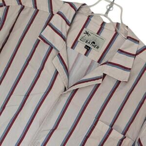 Bather Shirt Mens XL Beige Red Blue Stripe Short Sleeve Camp Collar Button Front